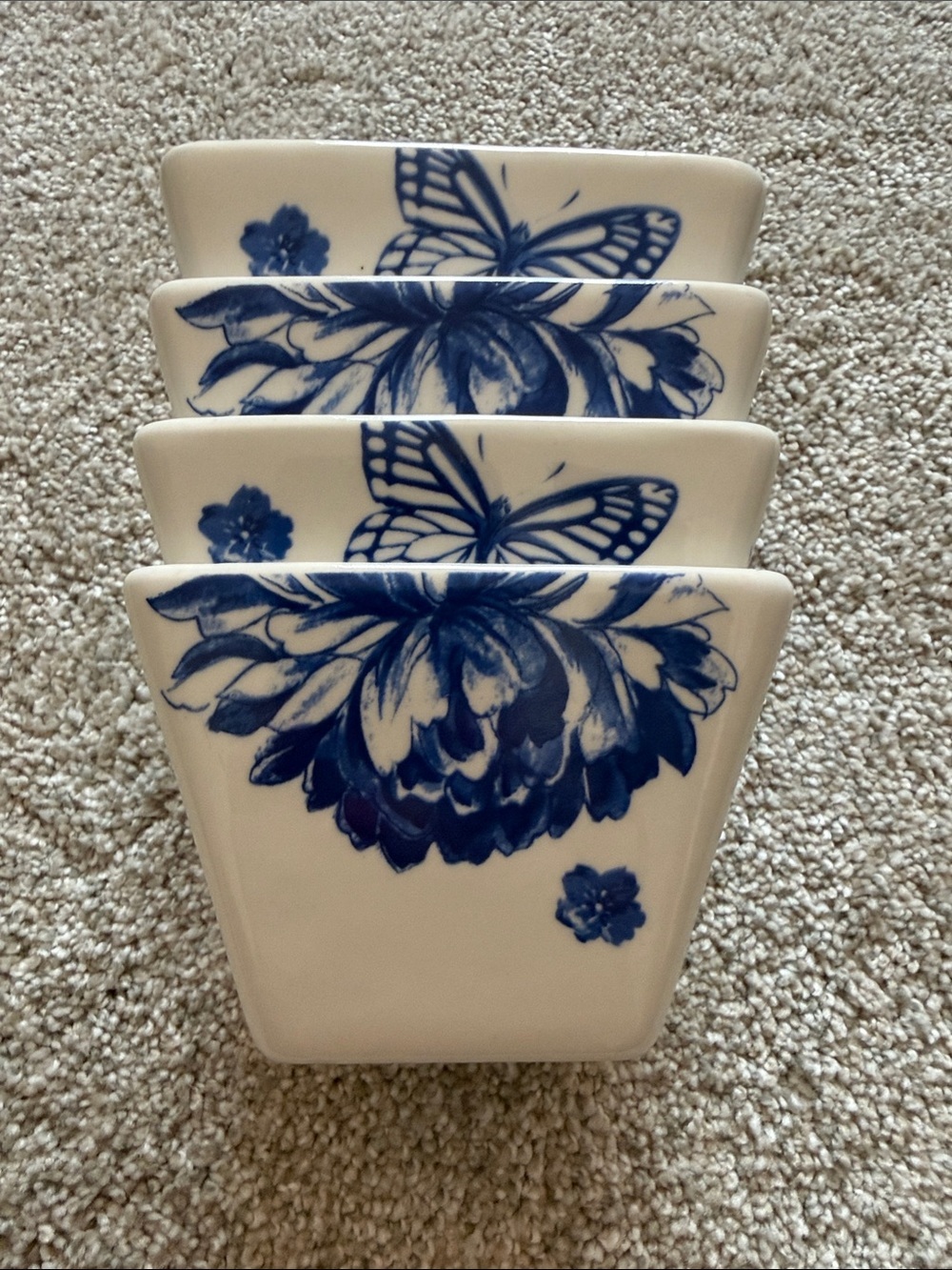 Ciroa Set of 4 White Ceramic Appetizer Rice or Dessert Bowls,Blue Floral Motif.